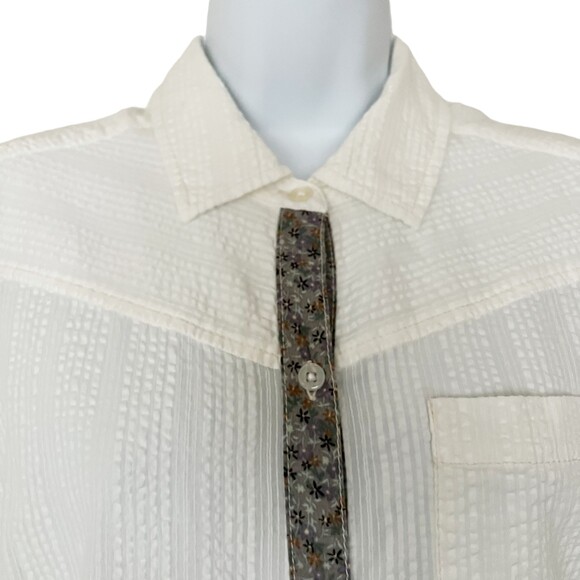Free People White SeerSucker Blouse Sz 8 Button Tunic Top Floral Trim L/S White - Picture 2 of 13